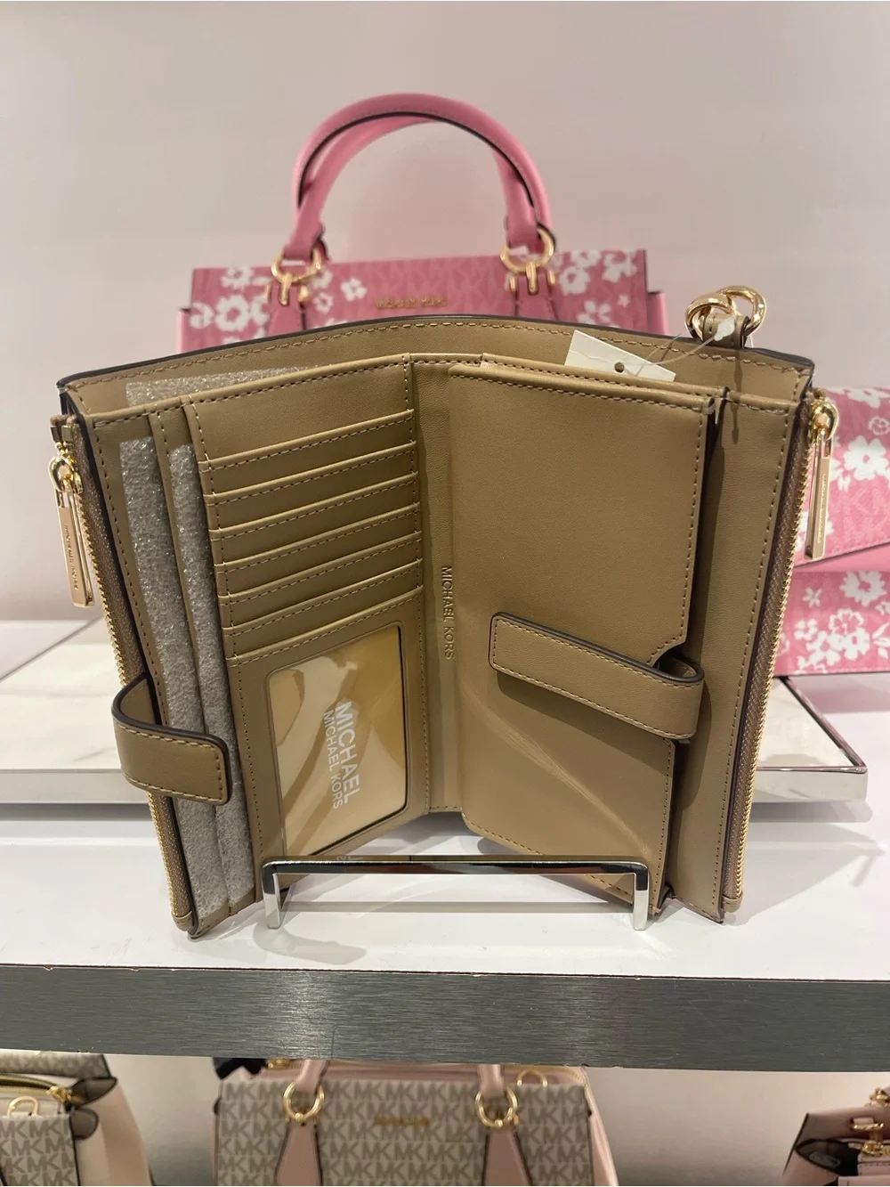 MICHAEL KORS JST Lg Double Zip Printed Signature Logo Wristlet Wallet Camel NWT